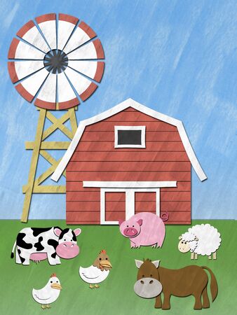 Farm Animal stand in front of barnyard and wind millの写真素材