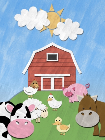 Farm animals stand in front of barnyard on sunny dayの写真素材
