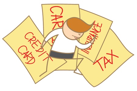 cartoon character of man lay down exhausted on billsの写真素材