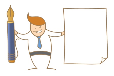 cartoon character of  man showing pen ad paper for signing documentの写真素材