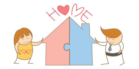 cartoon character of couple putting jigsaw of house togetherの写真素材