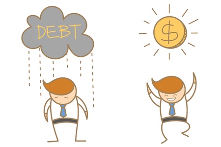 cartoon character of  man sad under dark could and happy under sunny dollarの写真素材