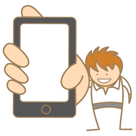 cartoon character of man showing message on cell phoneのイラスト素材