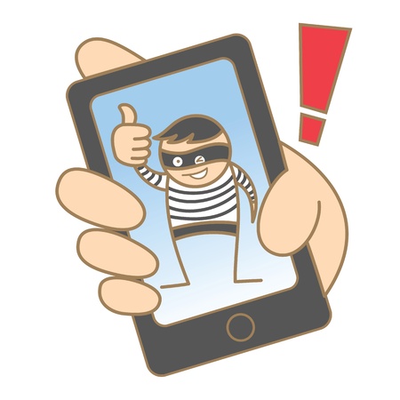 cartoon character of burglar hacking mobile dataのイラスト素材