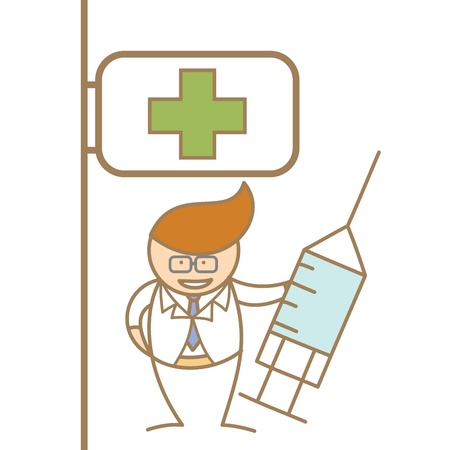 cartoon character of doctor holding syringe in front of hospitalのイラスト素材