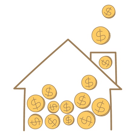 cartoon drawing of money coin falling on house frameのイラスト素材