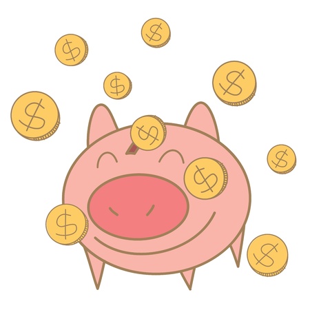 cartoon drawing of money coin falling on pig money boxのイラスト素材