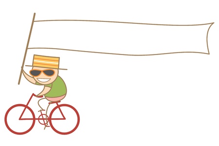 cartoon character of man holding a white long advertising flag  riding bikeのイラスト素材