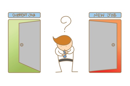 cartoon character of business man thinking to change new or current jobのイラスト素材
