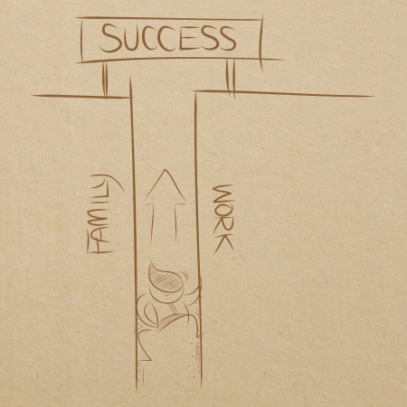 cartoon drawing of business man climbing between family and work wall to successの写真素材