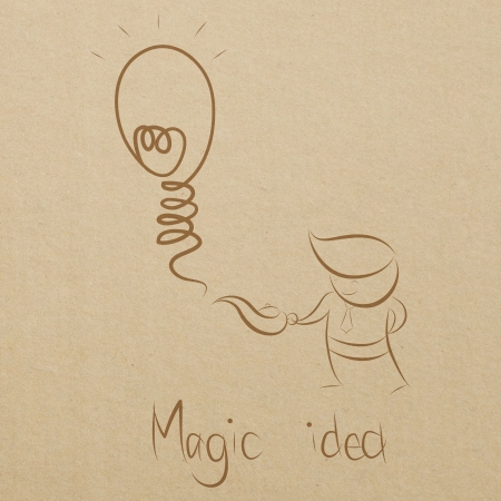 cartoon drawing of a business man smiling with his magic lamp and ideaの写真素材