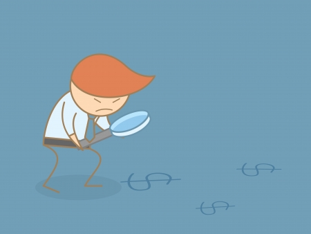 business man searching for money with magnifier cartoon characterのイラスト素材