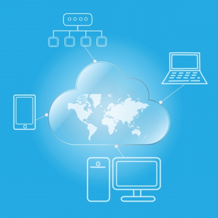 cloud computing worldwide via desktop laptop mobile and networkのイラスト素材