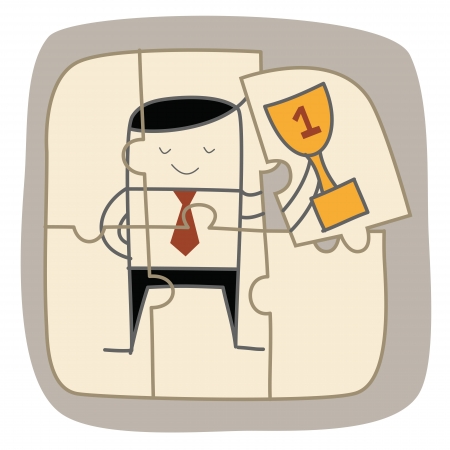 businessman holding trophy of success on a jigsaw pieceのイラスト素材