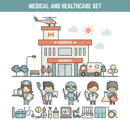medical and healthcare elements for infographics including character and iconsの写真素材