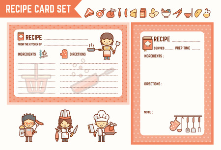 cooking and kitchen recipe card set with characters and ingredient iconsの写真素材