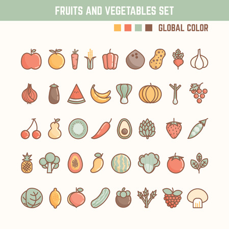 fruits and vegetables outline icon set for natural and healthy foodのイラスト素材