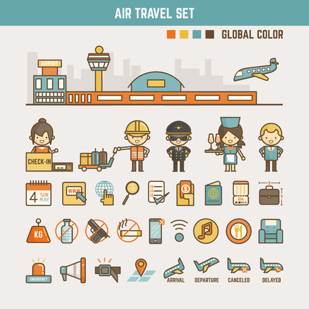 air travel infographic elements for kids including characters and iconsのイラスト素材