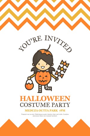 pumpkin girl halloween invitation card for costume night party cute kid cartoon character styleのイラスト素材