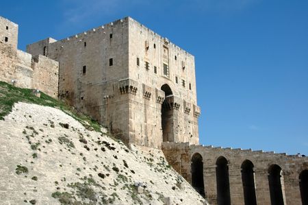 Entrance to the citadel of Aleppo, Syriaの写真素材