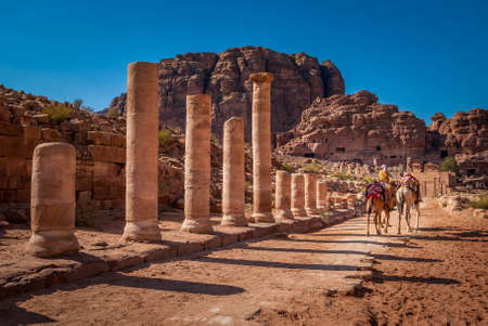 Columnated street Petra with bedouin and camel, Jordan, Middle Eastの写真素材