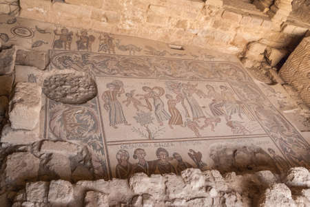 Ancient Roman mosaic in the Church of the Apostles in Madaba, Jordan, Middle Eastの写真素材