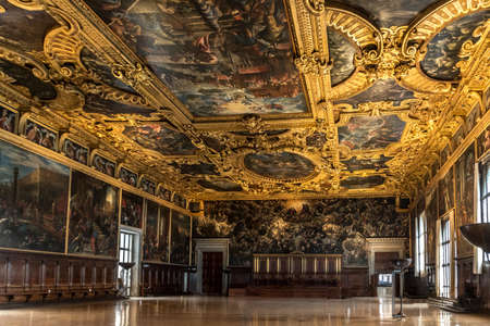 Venice, Italy - Oct 3, 2020: Interior of the Doge's Palace (Palazzo Ducale), the Higher Council...