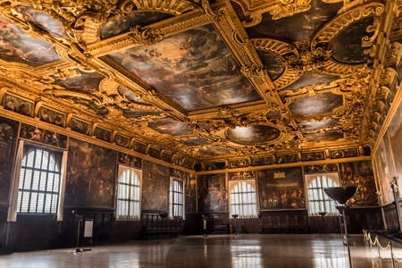 Venice, Italy - Oct 3, 2020: Interior of the Doge's Palace (Palazzo Ducale), the Higher Council Hall. Doge's Palace is one of the main landmarks of Venice. Historical architecture and art of Venice.のeditorial素材