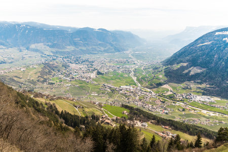 Panoramic view on the Adige Valley, Etschtal with the town of Merano (Meran) South Tirol - Italy - SÃ¼dtirol - Alto Adigeの写真素材