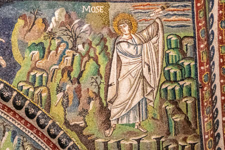 Ravenna, Italy - 01.11.2021 - Famous Early Christian Mosaics at San Vitale Church in Ravenna - The prophet Moses, Emilia Romagna, Italy, Europeのeditorial素材