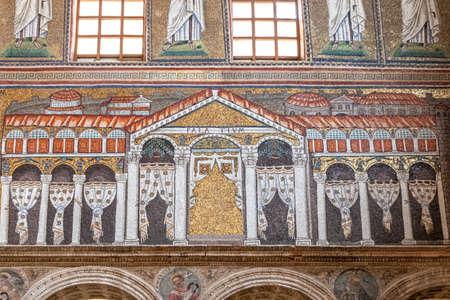 Ravenna, Italy - 01.11.2021 - The mosaic of the Palace of Theodoric the Great with "damnatio memoriae" in the Basilica of Sant Apollinare Nuovo in Ravenna, Emilia Romagna, Italy, Europeのeditorial素材