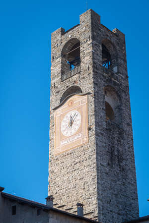 Clocktower "Campanone" in the upper city of Bergamo alta, Italy, Europeの写真素材