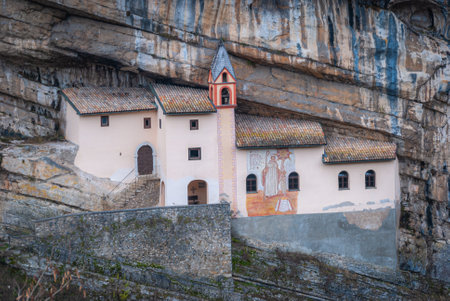 Eremo di San Colombano is a hermitage in Trambileno, Italy, notable for its location in the side of a mountain.の写真素材