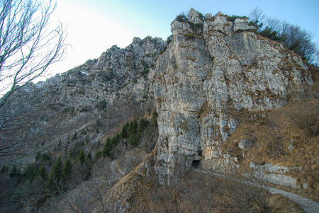 The Strada delle 52 Gallerie ("Road of 52 tunnels") or "Road of the First Army") is a military mule road built during World War I on the Pasubio massif in Veneto, Italy.の写真素材