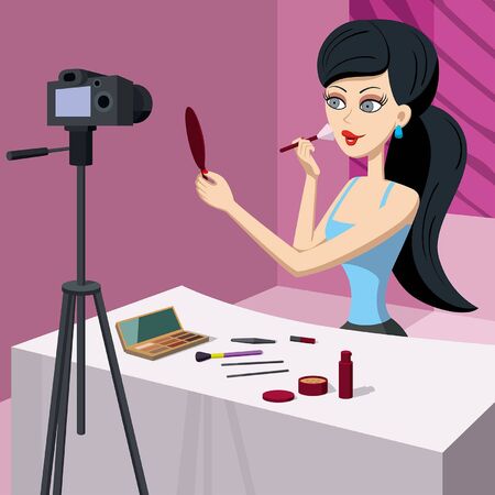 Illustration cute woman blogger sitting at a table, making a vlog about cosmetics and make-upのイラスト素材