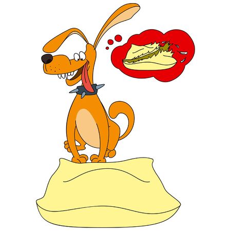 Illustration cartoon crazy dog near a pillow. An idea to tear a pillow to piecesのイラスト素材