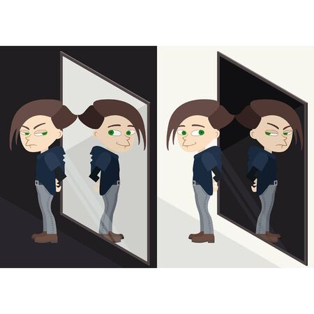 Illustration psychological concept good boy before the mirror and his bad reflection plus contrariwise versionのイラスト素材