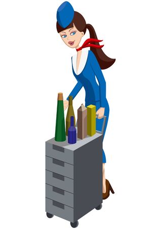 Illustration cartoon charming air hostess in blue uniform with an aviation trolley. She is serving drinksのイラスト素材