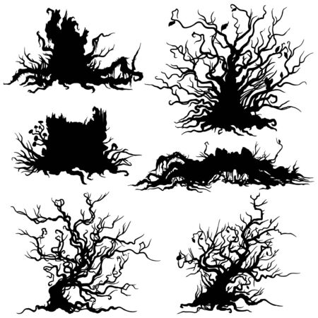 Decorative dry shrub, stump, snag silhouettes on whiteのイラスト素材