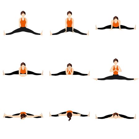 Illustration stylized woman practicing upavistha konasana variationsのイラスト素材