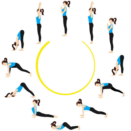 Illustration stylized woman practicing Sun Salutation sequenceのイラスト素材