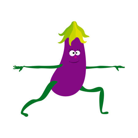 Cartoon aubergine practicing yoga warrior II poseのイラスト素材