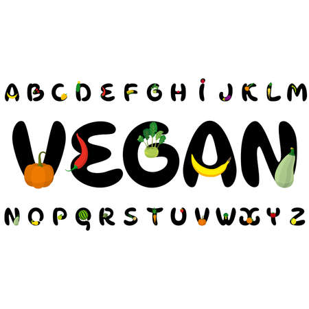 Cartoon letters with fruits, vegetables, berries. Font of my own designのイラスト素材
