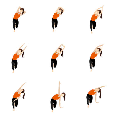 Illustration stylized woman practicing side stretch, hands variationsのイラスト素材