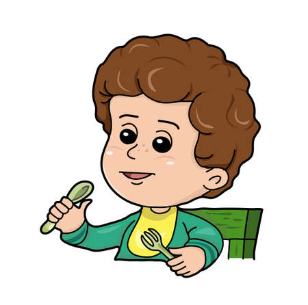 The boy with brown hair with the spoon in hand on the white background.のイラスト素材