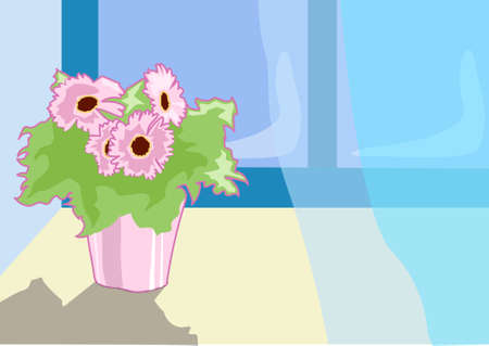 Pink flower in a pot on window sill open window. Blue curtains.のイラスト素材