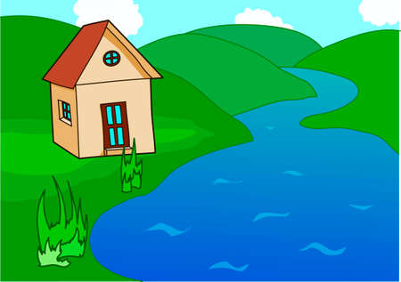 The village house on a riverside. Green hills.のイラスト素材