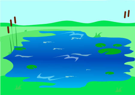 The blue lake with reeds. Green plain, hills.のイラスト素材