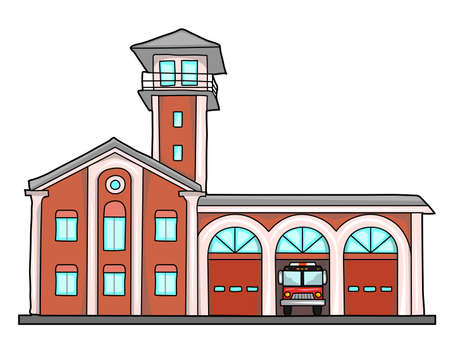 Fire station. Old brick building. Garage for fire trucks.のイラスト素材