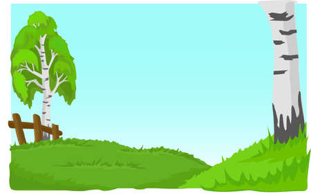 A birch, a fence, a meadow, trees, a villageのイラスト素材